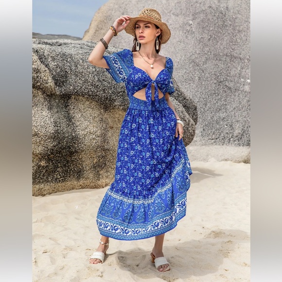 Rusttydustty Blue Floral Paisley Cutout Maxi Dress XL Boho Vacation Tie Front - Picture 5 of 14